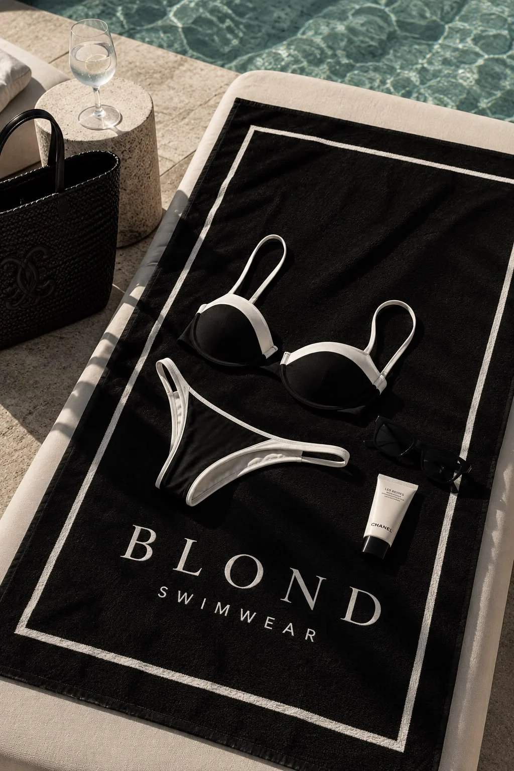 BLOND swimwear towel with black and ivory bikini by the pool